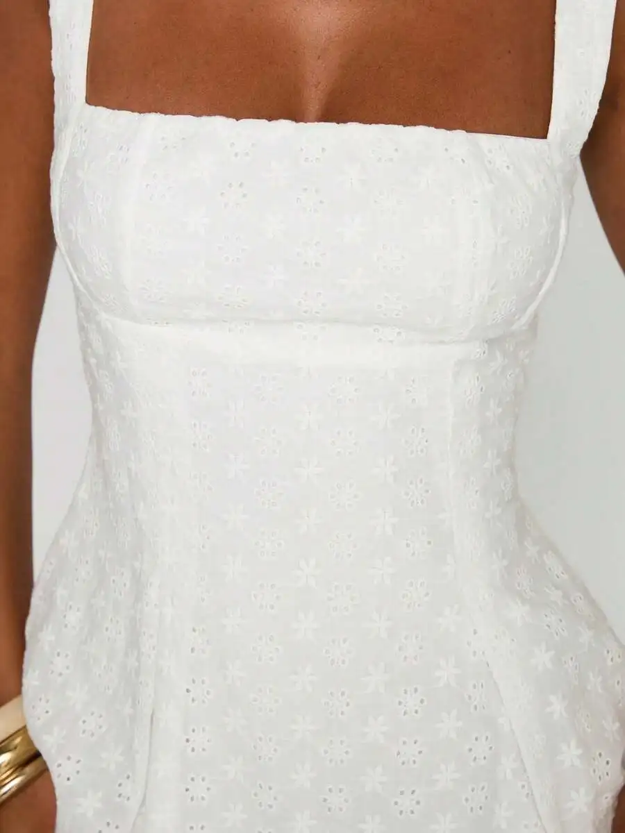 Embroidery Eyelet - Womens Sleeveless Square Neck Floral Eyelet