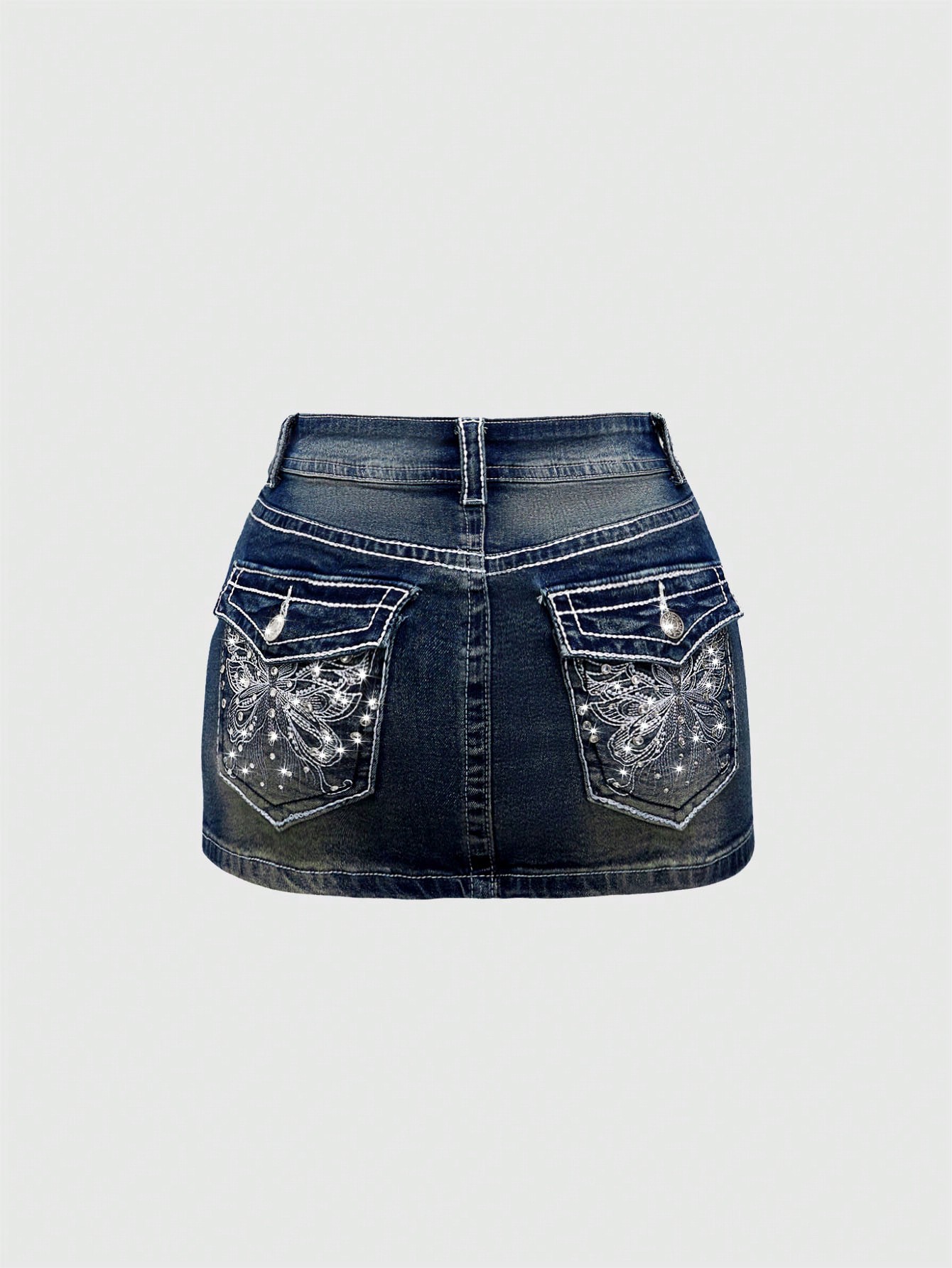 Embroidery Stitch - Low-Waist Denim Mini Skirt with Embroidered