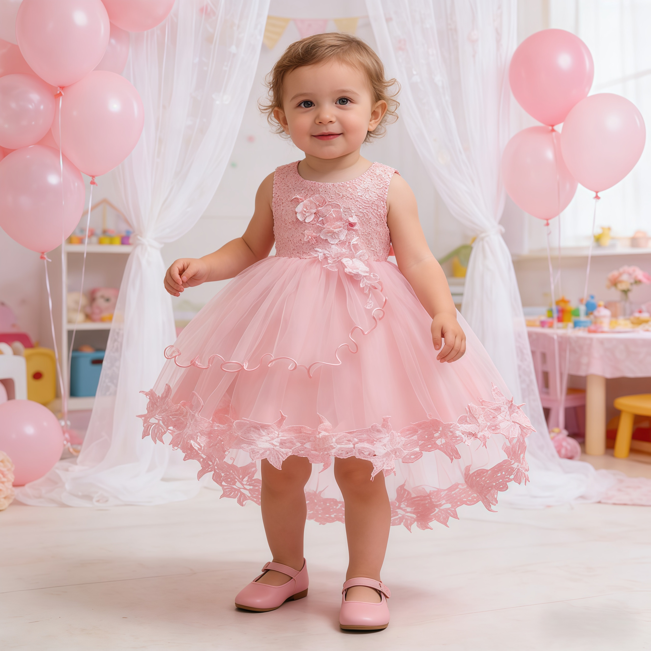 Embroidery Wedding - Baby Girls White Flower Embroidery Princess