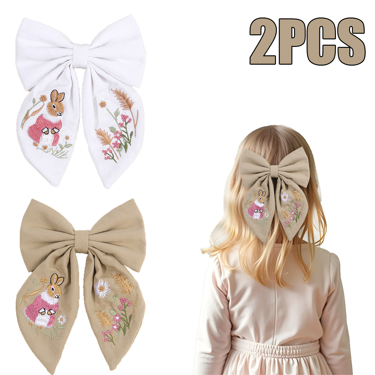 Embroidery Rabbit - Rabbit Embroidery Bow Hair Clip Sweet