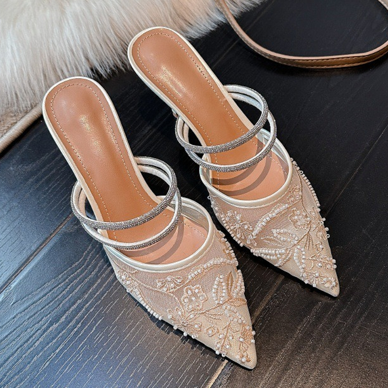 Embroidery Wedding - Sexy String Beads Mesh High Heels