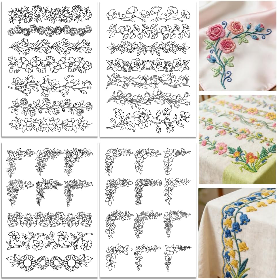 Embroidery Web - Pre-Printed Large Floral Border & Corner
